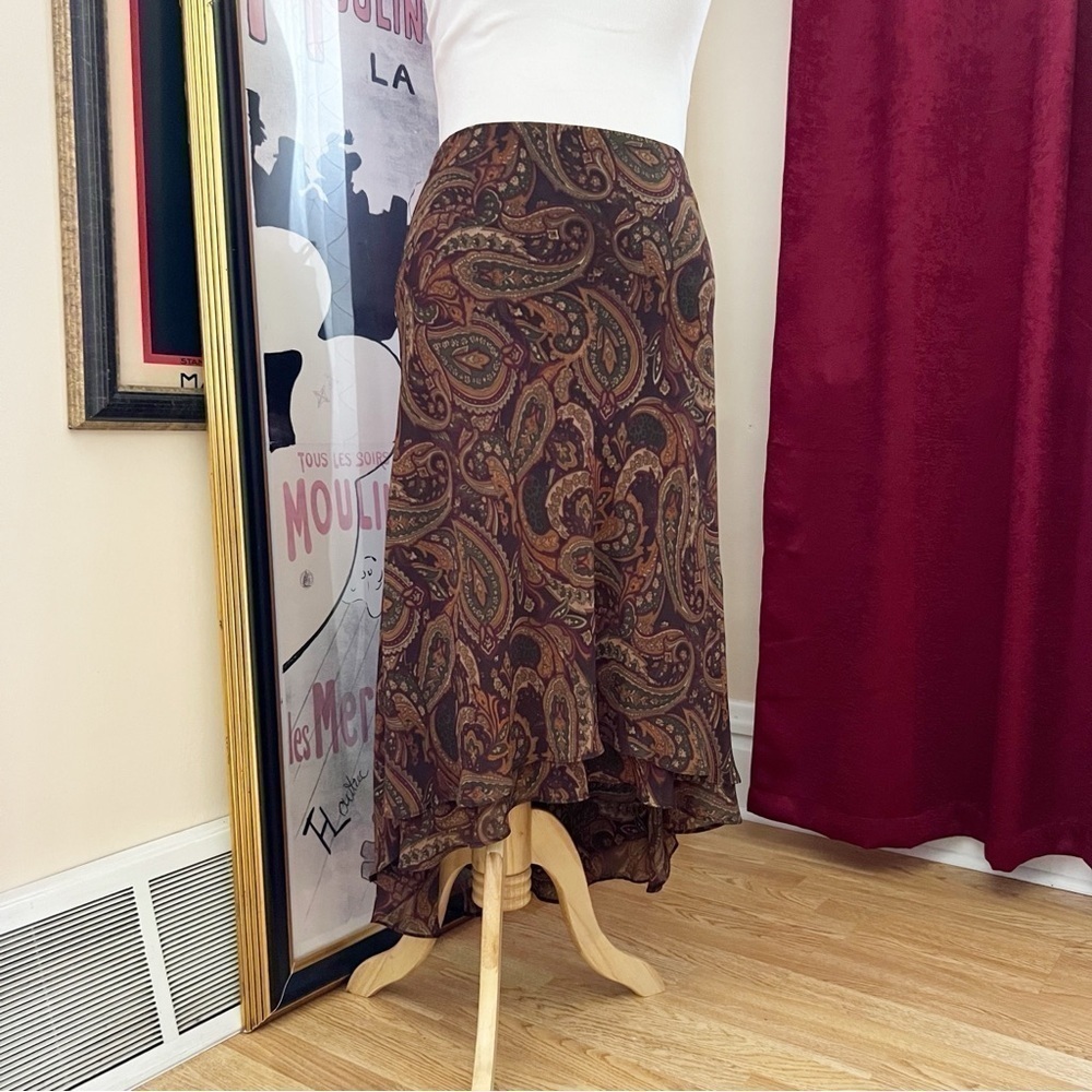 CHAPS: Pull Up Brown All over Paisley Print Hi LOW Flowy Skirt Size Large